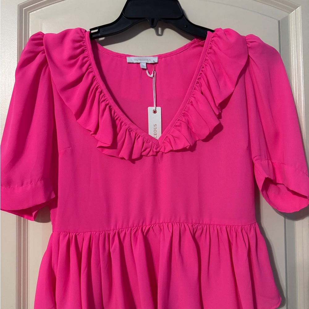 Olivaceous Pink Ruffled Peplum Puff Sleeve Blouse